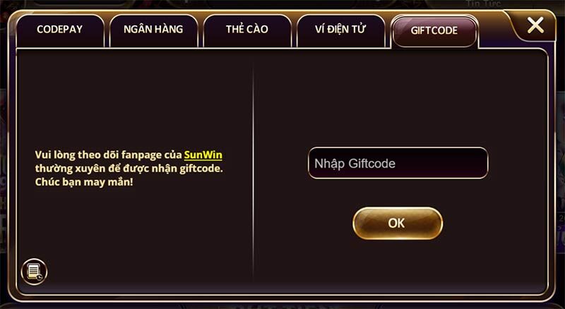 Giao diện nhập code khuyến mãi Sunwin