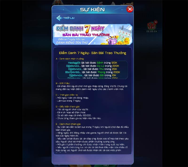 Giao diện khuyến mãi Vip79 “Điểm danh 7 ngày nhận thưởng”