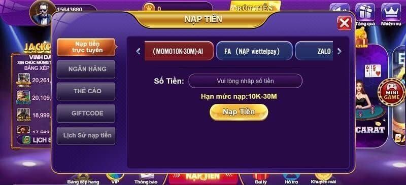 Thủ tục nạp tiền 68 game bài 